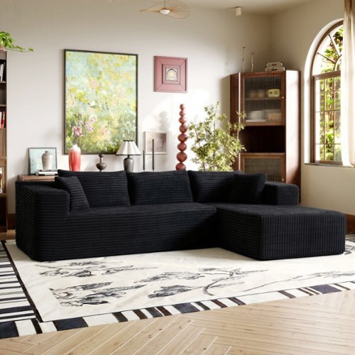 FUFU&GAGA - Modular Corduroy L-Shaped Sectional Sofa with Chaise, High-Density Rebound Sponge Cushions Tool-Free Assembly - Black-Front_Standard 