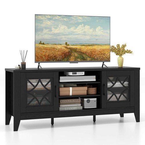 Costway - TV Stand for TVs up to 65" with 3-Position Adjustable Shelves Tempered Glass Doors - Black-Front_Standard 