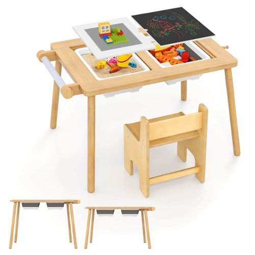 Costway - Sensory Table & Chair Set for Kids 2-8 with Foldable Bins for Sand/Water & Paper - Beige-Front_Standard 