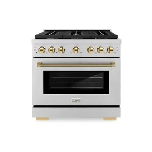 Front. ZLINE - ZLINE Autograph 36 in. 5.2 Cu. Ft. Freestanding Paramount Gas Range in Stainless Steel with Polished Gold Helix Handle - Stainless Steel.