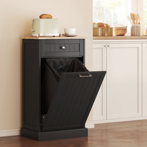 Homcom - Kitchen Tilt Out Trash Bin Cabinet Free Standing Recycling Cabinet Trash Can Holder With Drawer - Black-Front_Standard 