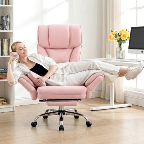 Brick Attic - 500LBS Ergonomic Velvet Office Chair with Footrest,Wide Cross Legged Executive Chair with Flip-Up Arms, 120°Tilt - Pink-Front_Standard 