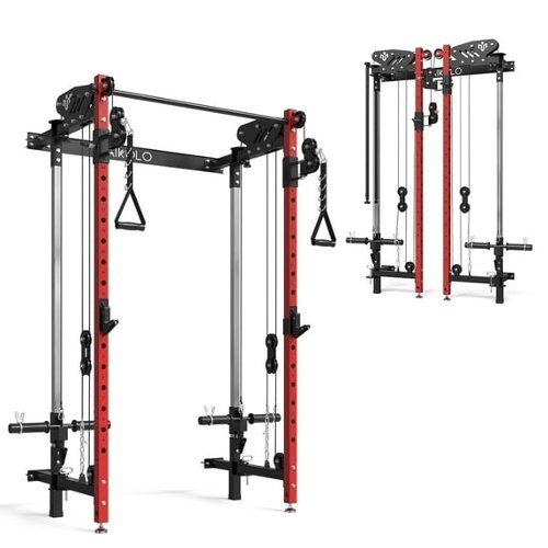 Mikolo - Foldable Power Rack Cage,1000lbs Capacity Wall Mounted Squat Rack with independent pulley system - Red-Front_Standard 