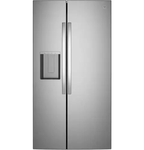 Front. GE - 36 in. Wide 23.6 Cu. Ft. Counter Depth Side-By-Side Refrigerator with Extra Tall Dispenser and In-Door Icemaker - Stainless Steel.