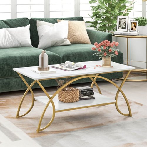 Costway Coffee Table Modern Marble 2-Tier Coffee Table  Gold Rectangle for Living Room - White and Gold