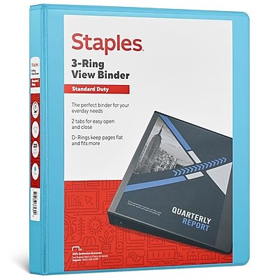 Staples - 1" 3-Ring View Binders, D-Ring - Light Blue