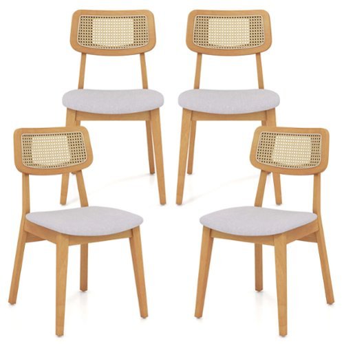 Costway Wooden Rattan Dining Chair Set of 4 with Can Back Rubber Wood Frame Padded Seat - Natural, Gray