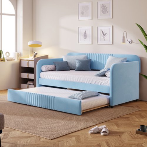 Tiramisubest - Upholstered Daybed Sofa Bed Twin Size With Trundle Bed and Wood Slat, Light Blue - Light Blue-Front_Standard 