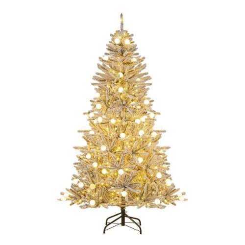 Resenkos - 6-Ft Pre-Lit Snow Flocked Artificial Christmas Tree - 81 Sphere Lights, /White - Green-Front_Standard 