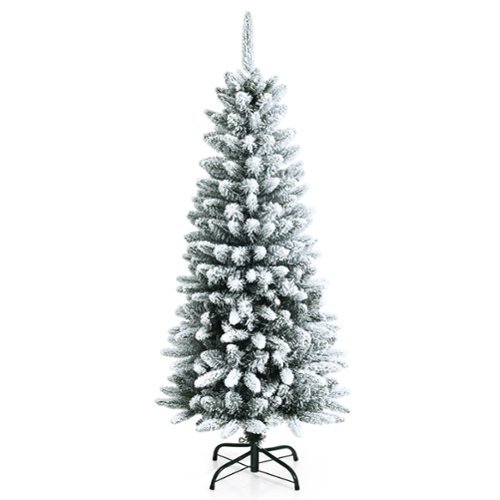 Costway - 4.5ft Snow-Flocked Hinged Artificial Christmas Pencil Tree w/ 373 Mixed Tips - Green/White