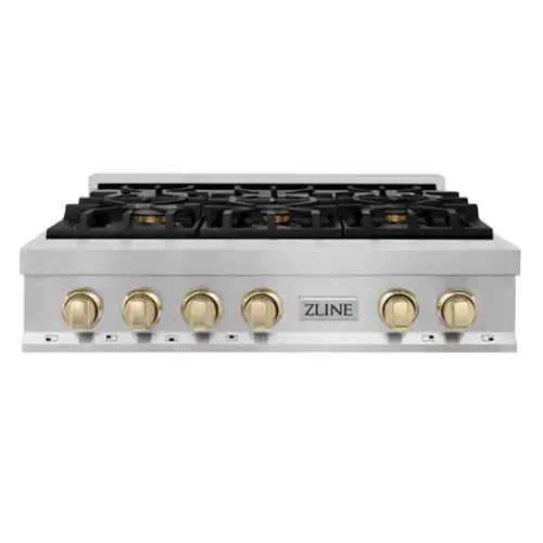 Front. ZLINE - ZLINE Autograph 36 in. Slide-In Classic Rangetop w/ 6 Burners in Stainless Steel & Polished Gold Accents - Stainless Steel.