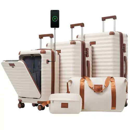 Front. Ecooso - 5-Piece Expandable ABS Spinner Luggage Set with TSA Lock, USB Port Carry-On, Cup Holder, Duffel, and Toiletry Bag - Brown+White.