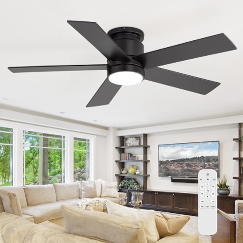 Breezary - 42"/52" Flush Mount Low Profile Ceiling Fan with LED Light, 5 Blades, DC Motor, Remote Control and Timer, for Indoor Use - Black-42 in-Front_Standard 
