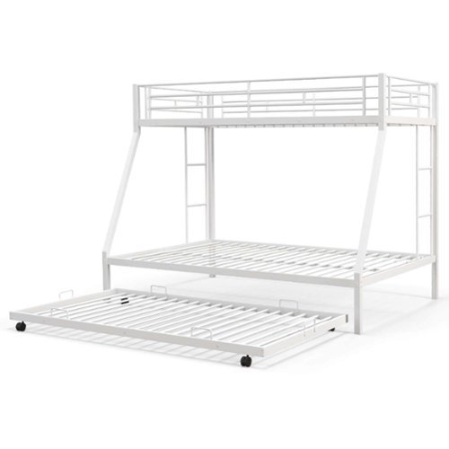 Costway Twin Over Full Metal Slats Bunk Bed Frame with Trundle, Guard Rail & Ladders - White