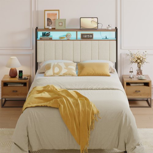 Pinmoco - Full Size LED Linen Upholstered Storage Headboard with Charging Station - Beige - Beige
