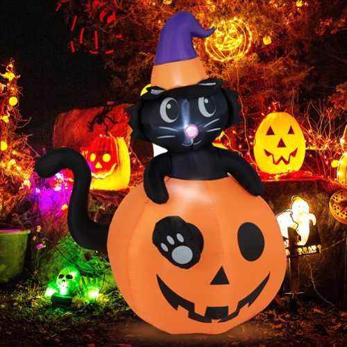Costway - 5 FT Tall Halloween Inflatable Décor Black Cat Sitting in Pumpkin w/ LED Lights - Orange/Purple