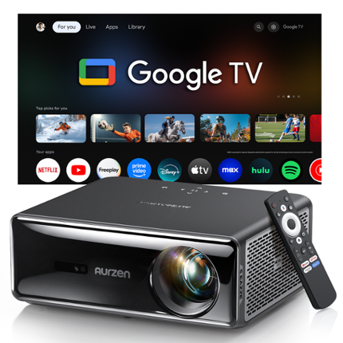 Aurzen - Google TV Smart Projector, 4K Supported Home Theater, 1000 ANSI Lumens, 20W Dolby Audio, MEMC Tech, Fully Automatic - Black-Front_Standard 