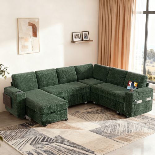 Dyonery - 110" Modular Sectional Sofa with Pull Out Bed,Chenille Fabric 7 Seat Sectional Sofa with Storage,for Living Room - Green-Front_Standard 