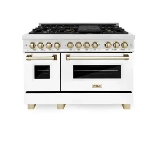 Front. ZLINE - ZLINE Autograph 48 in. Legacy Dual Fuel Range in Satin Steel w/ White & Gold Accents (RASZ-WM-48-G) - Multicolor.