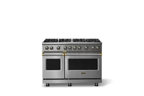Front. Viking - 48"W. 6.1 Cu.Ft. Freestanding Manual Clean Sealed 8B LP Gas Convection Range/Double Oven-Stainless Steel/Brushed Brass - Stainless Steel.