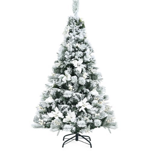 Costway - 5ft Snow Flocked Hinged Christmas Tree w/Berries & Poinsettia Flowers - Green/White