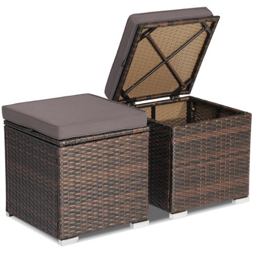 Costway - 2PCS Patio Rattan Ottomans Seat Side Table Storage Box Footstool with Cushions - Grey + Mix Brown-Front_Standard 