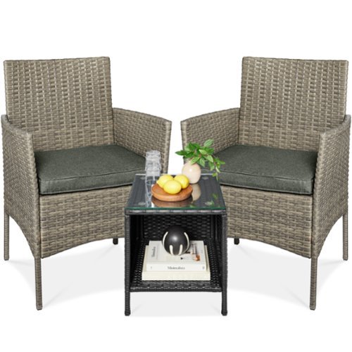Best Choice Products - 3-Piece Outdoor Wicker Conversation Patio Bistro Set, w/ 2 Chairs, Table - Taupe/Slate Green-Front_Standard 