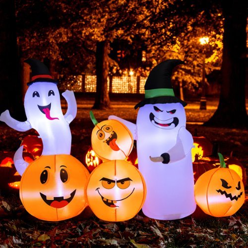 Costway - 6 FT Long Halloween Inflatable Decor 4 Pumpkins & Ghosts w/ Built-in LED Lights - Orange/Purple