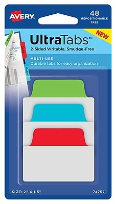 Avery - UltraTabs Repositionable Multiuse Tabs, 2" x 1.5", Colors, 16 Tabs/Pad, 3 Pads (74757) - Assorted