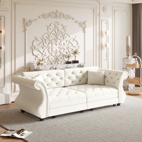 Anysun - 83.8" Oversized Velvet Chesterfield Pull-Out Sofa Bed - Classic Roll Arm, Flower Tufting for Living Room - White-Front_Standard 