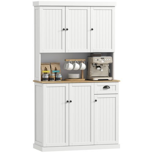 Homcom - 71" Buffet with Hutch, Modern Farmhouse Kitchen Pantry Storage Cabinet with Microwave Oven Countertop, Drawer & Cupboard - White-Front_Standard 