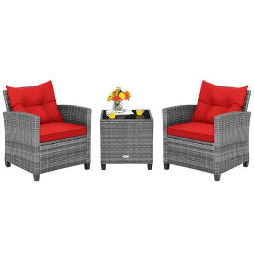 Costway - 3 PCS Patio Rattan Furniture Bistro Set Cushioned Sofas Side Table Armrest - Grey + Red-Front_Standard 
