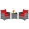 Costway - 3 PCS Patio Rattan Furniture Bistro Set Cushioned Sofas Side Table Armrest - Grey + Red-Front_Standard