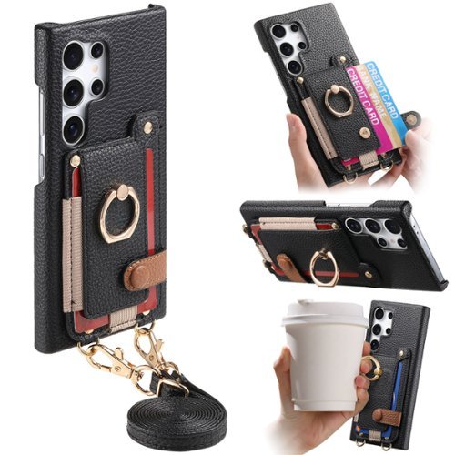 Dteck - Lychee Texture Wallet Case for Samsung Galaxy S25 Ultra with Ring Stand,Crossbody Faux Leather Cover with Card Holder - Black-Front_Standard 