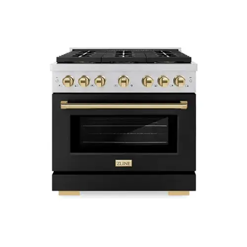 Front. ZLINE - ZLINE Autograph 36 in. Paramount Dual Fuel Range w/ DuoPro Cooktop & Black Door w/ Gold Accents (PSDRZ-BLM-36-G) - Stainless Steel with Black Matte Door.