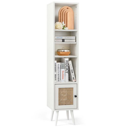 Costway - Rattan Storage Cabinet Freestanding Slim Organizer Wood Display Rack Living Room - White-Front_Standard 