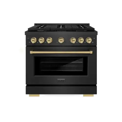 Front. ZLINE - ZLINE Autograph 36 in. 5.2 cu. ft. Manual Clean Freestanding Gas Range in Black Satin Stainless Steel and Bronze Accents - Black Satin Stainless Steel.