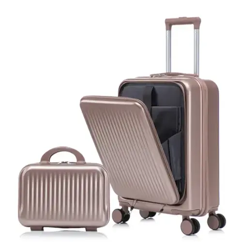Front. HTUTWOO - Set of 2 14" Cosmetic Case & 20" Luggage Set with Spinner Wheels - ABS Hardside Suitcase with TSA Lock, Front Opening , - Champagne.
