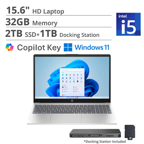 HP - 15.6" HD Laptop,Intel Core i5-1334U,32GB DDR4,2TB SSD+1TB Dock Set,Iris Xe Graphics,HD Camera,Win 11 - Silver-Front_Standard 