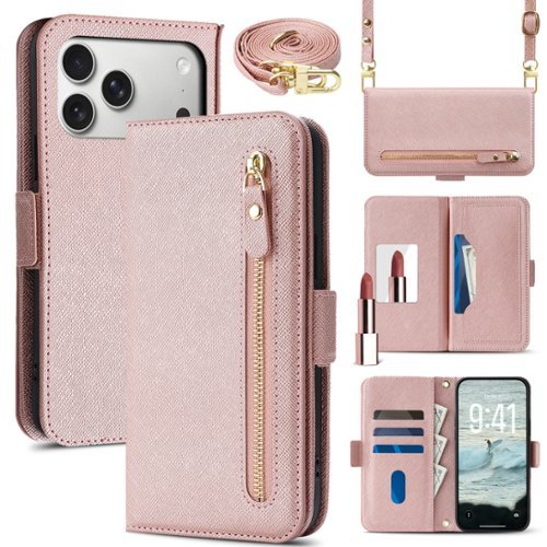 Dteck - For Apple iPhone 17 Pro Max Shockproof Leather Zipper Flip Wallet Case With Mirror and Crossbody Strap - Rosegold-Front_Standard 