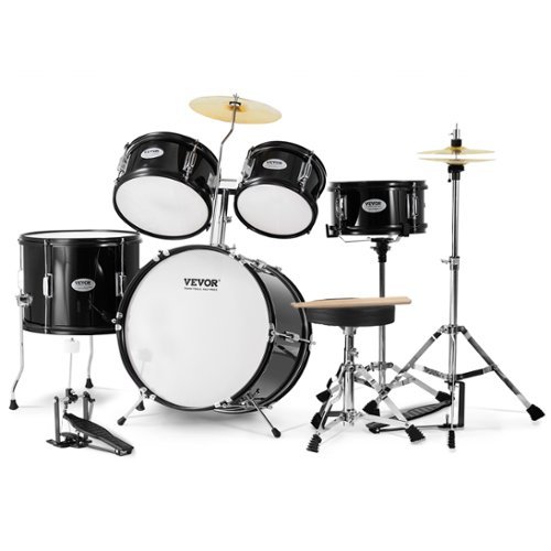 VEVOR - Kids Drum Set, 5-Piece, 16 in Beginner Full Drum Set with Bass Toms Snare Floor Drum Adjustable Throne Cymbal Hi-Hat - Black-Front_Standard 