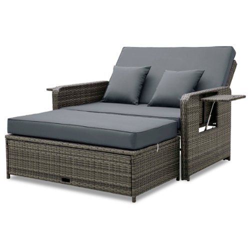 Costway Wicker Loveseat Sofa Set Patio Rattan Daybed with Ottoman & Retractable Side Tray - Mix Gray + Gray