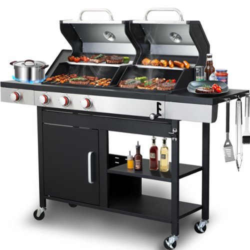 Ecooso - 3-Burner Propane Gas BBQ Grill with Side Burner & Charcoal Grill, 37,230 BTU Output, Cast Iron Cooking Grids - Black+Silver-Front_Standard 