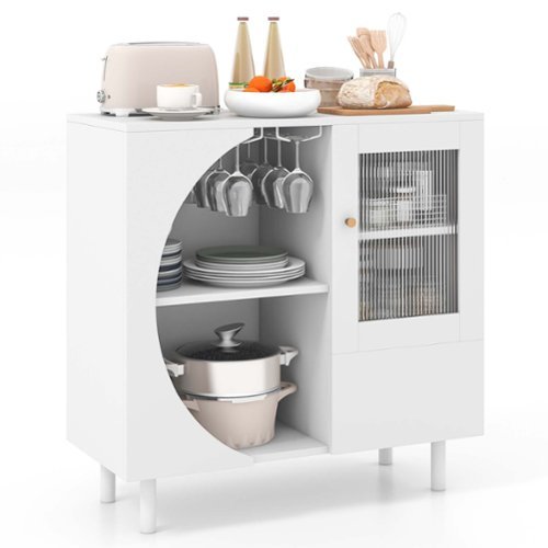 Costway Kitchen Sideboard Wooden Buffet Cabinet with Glass Holder & Tempered Glass Doors - White