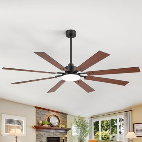 Breezary - 72'' Ceiling Fan with 8 Plywood Blades, 3-Color Light, 6-Speed DC Motor, 6"/20" Downrods, Remote with Timer - Matte Black and Dark Wood Grain-Front_Standard 