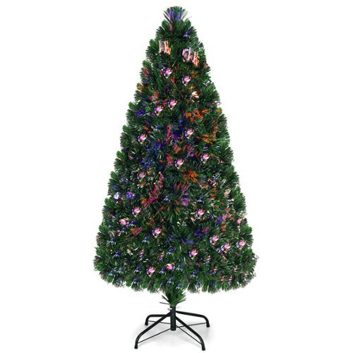 Costway - 5Ft Pre-Lit Fiber Optic PVC Christmas Tree Metal Holiday