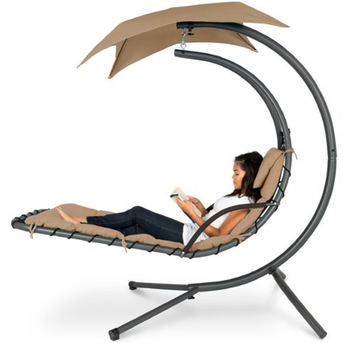 Best Choice Products - Hanging Curved Chaise Lounge Chair Swing w/ Pillow, Shade, Stand - Tan-Front_Standard 