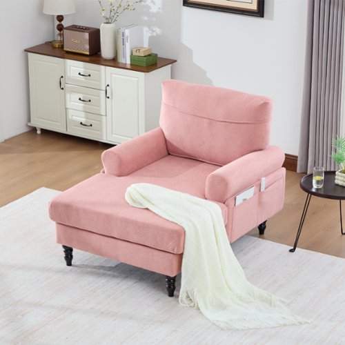 Trinkets Crazed - Chenille Fabric Chaise Lounge Recliner Single Sofa Living Room Bedroom Rest Chair Wooden Sofa Legs - Pink-Front_Standard 