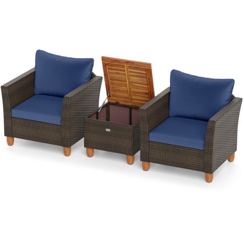 Costway - 3 PCS Outdoor Patio Rattan Bistro Furniture Set Wooden Table Top Cushioned Sofa - Navy-Front_Standard 