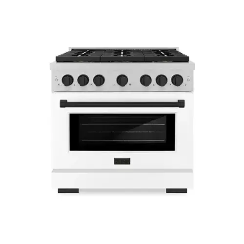 Front. ZLINE - Autograph 36 in. 5.2 cu. ft. Freestanding Paramount Gas DuoPro Range in Satin Steel with White Door and Black Accents - White Matte.